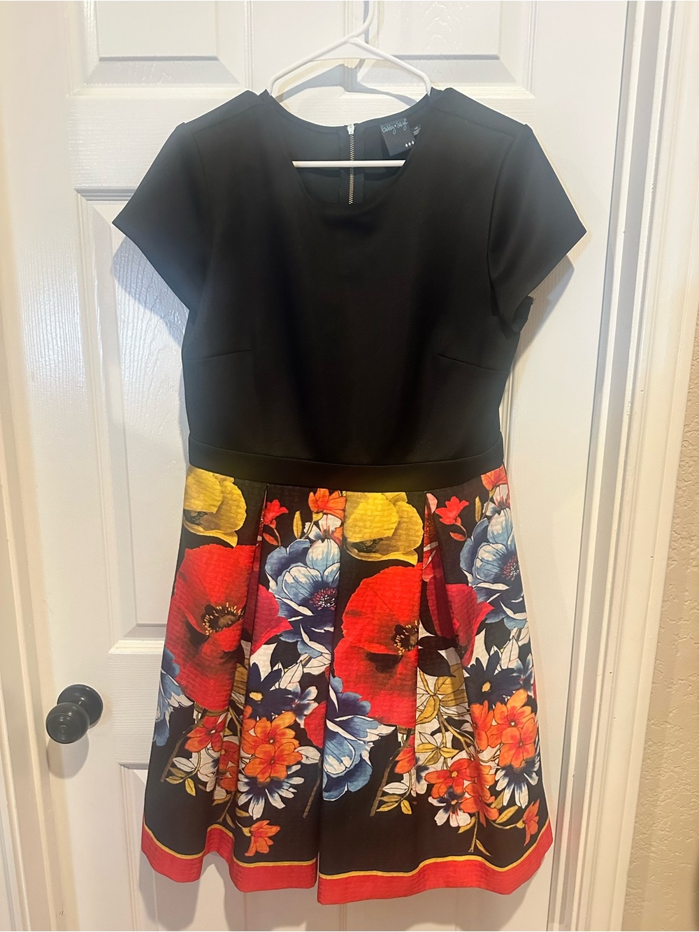 Gabby Skye Black Bodice Floral Fit-&-Flare Dress with Red, Blue & Yellow Accents